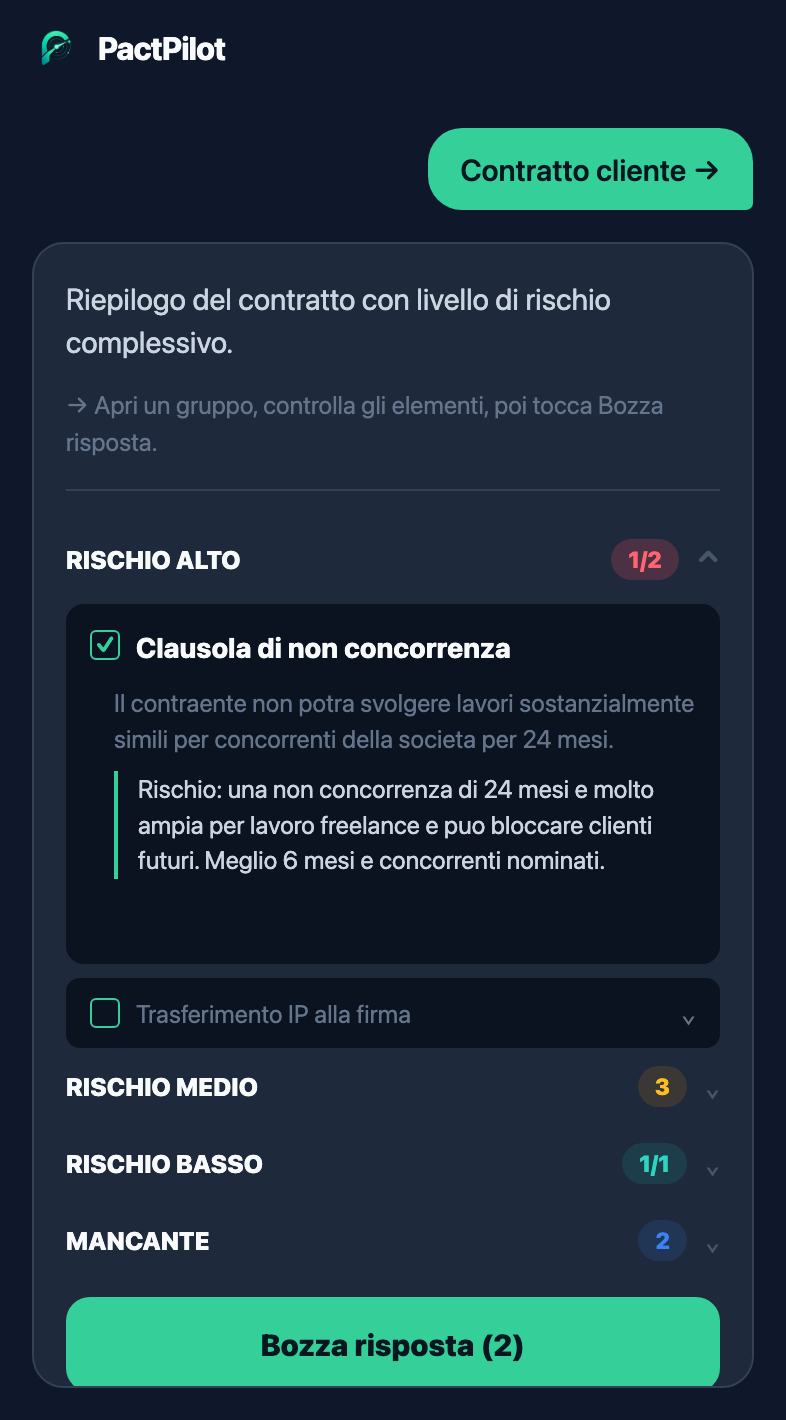 Schermata di analisi contratto di PactPilot