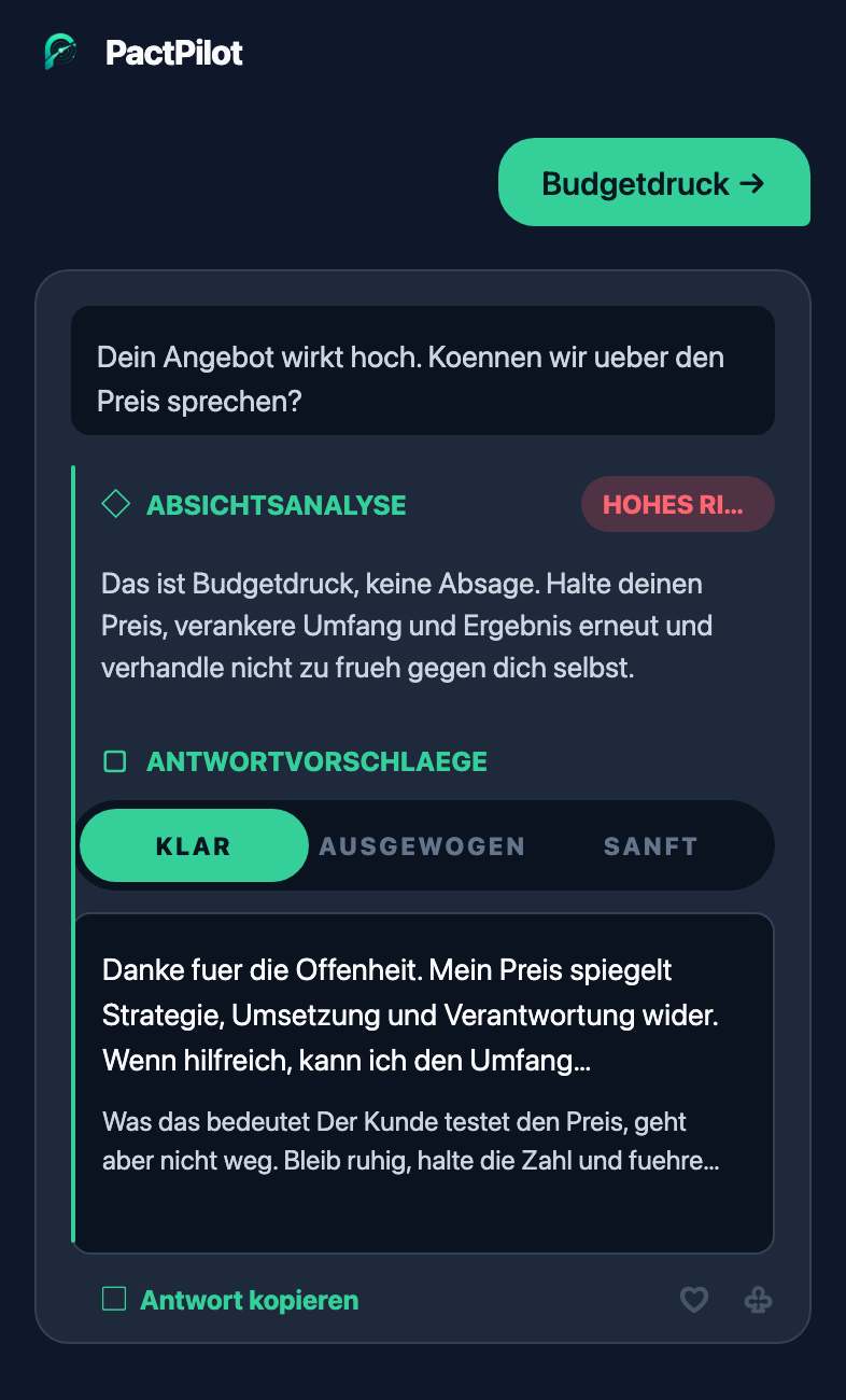PactPilot Bildschirm zur Nachrichtenanalyse