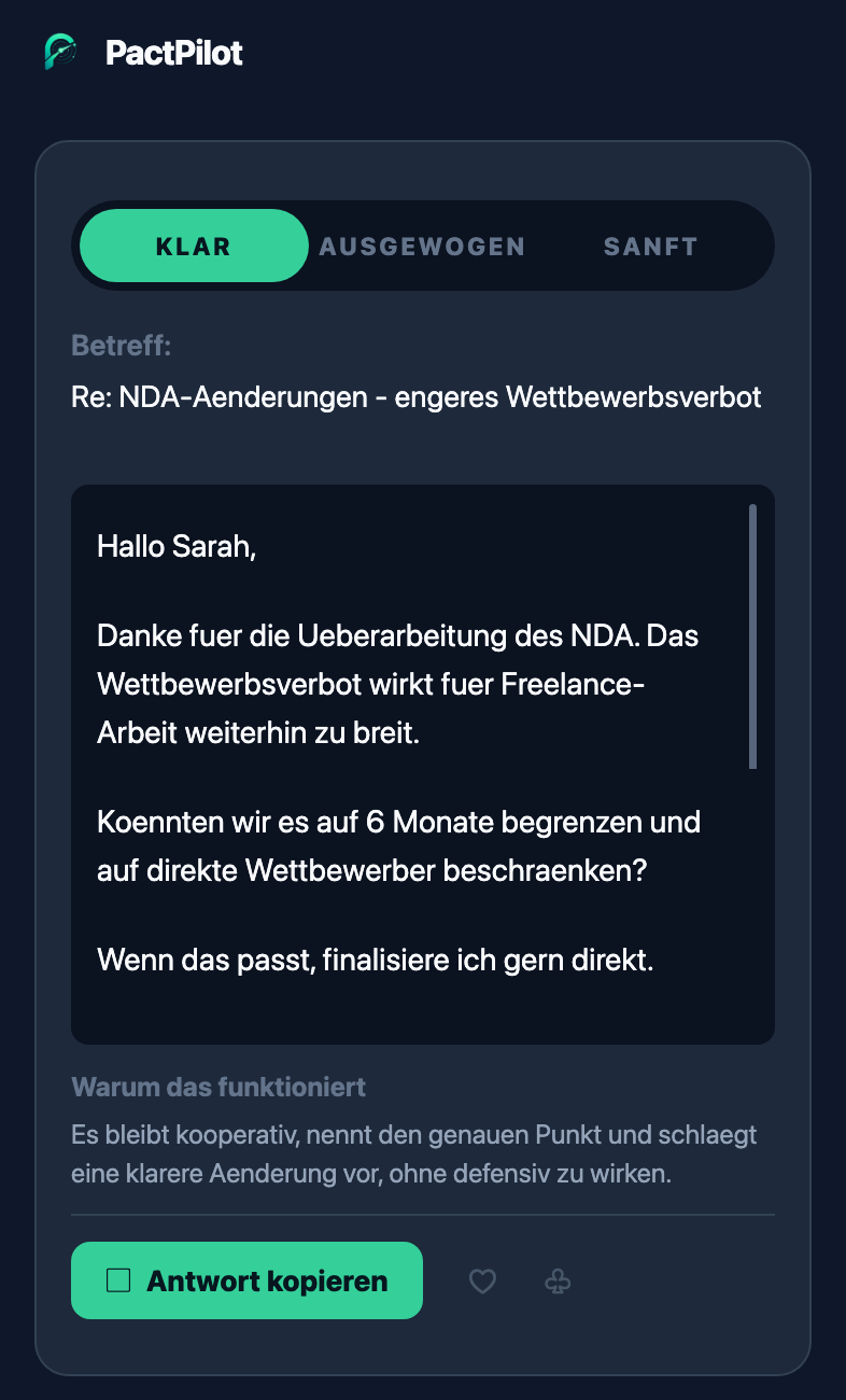 PactPilot Bildschirm zum Antwortentwurf