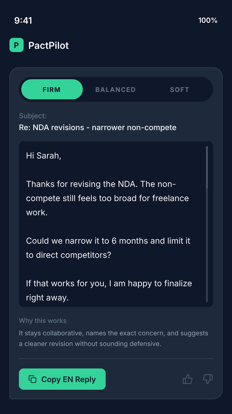 PactPilot reply drafting screen