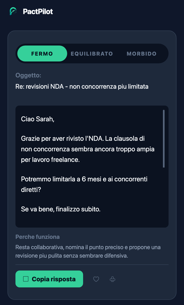 Schermata di scrittura risposta di PactPilot